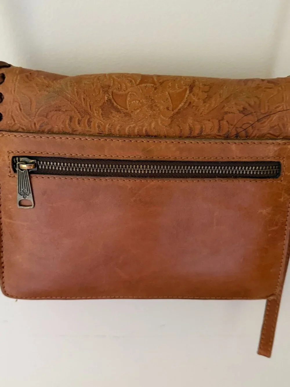 Patricia Nash Lanza Tooled Leather Crossbody Bag Burnished Cognac Boho Western